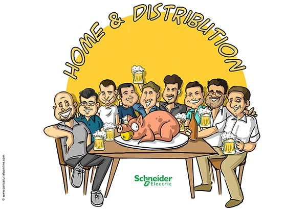 Caricatura de grupo de amigos cenando