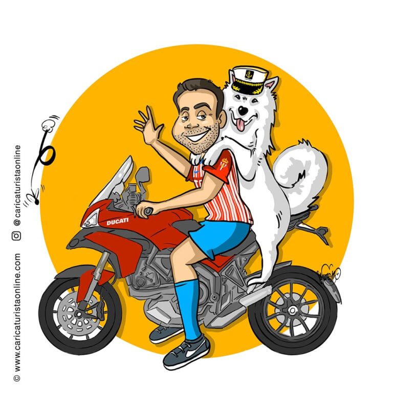 caricatura de mascota en moto